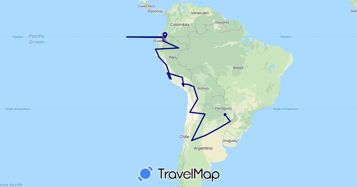 TravelMap itinerary: driving in Argentina, Bolivia, Chile, Ecuador, Peru, Paraguay (South America)